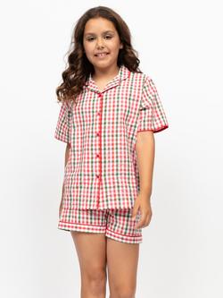 Minijammies Kids' Tara Seersucker Check Short Pyjama Set, Red/Multi, Red/Multi