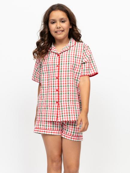 Minijammies Kids' Tara Seersucker Check Short Pyjama Set, Red/Multi, Red/Multi