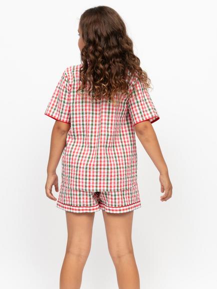 Minijammies Kids' Tara Seersucker Check Short Pyjama Set, Red/Multi - view 2, Red/Multi