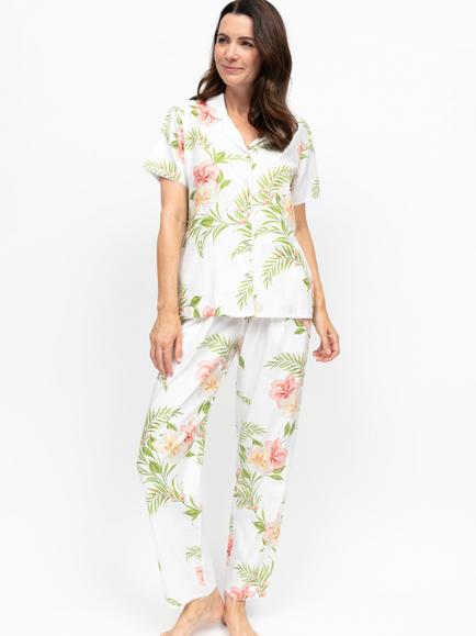 Nora Rose by Cyberjammies Aimee Floral Button Down Long Pyjama Set, White/Multi, White/Multi