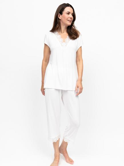 Nora Rose by Cyberjammies Aimee Scallop Lace Trim Jersey Cropped Pyjama Set, White, White