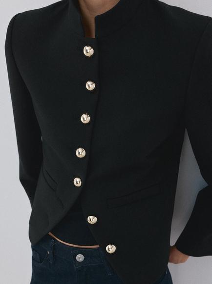 Mango Stand Collar Jewel Button Jacket, Black, Black