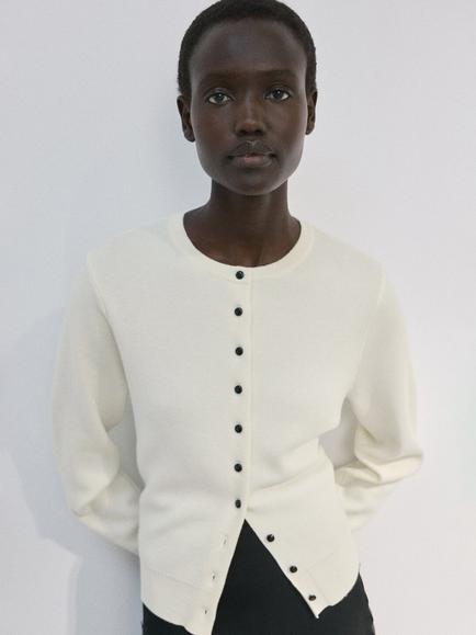 Mango Crew Neck Contrast Button Cardigan, Raw, Raw