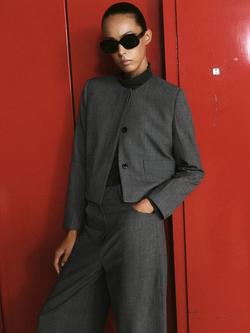 Mango Collarless Check Cropped Jacket, Grey, Grey