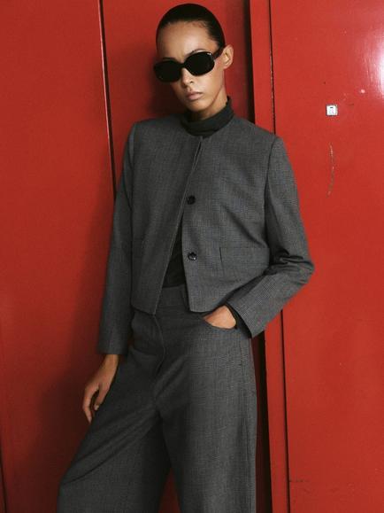 Mango Collarless Check Cropped Jacket, Grey, Grey