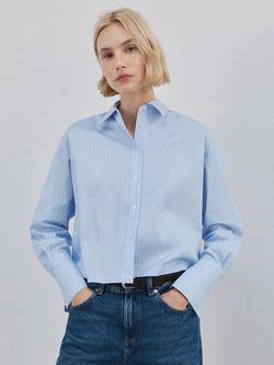 Mango Stripe Embellished Cropped Shirt, Sky Blue, Sky Blue