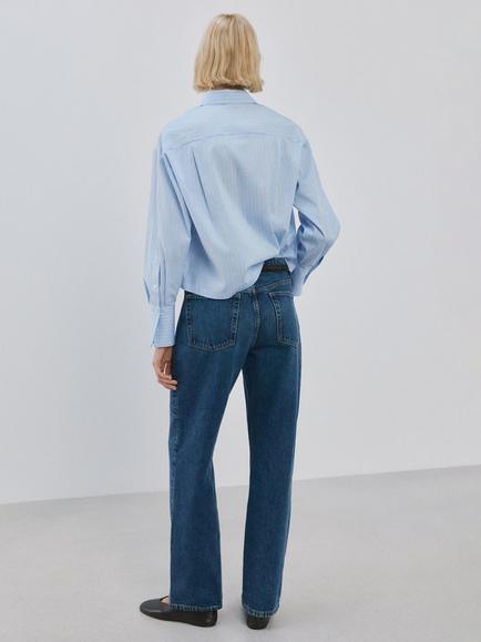 Mango Stripe Embellished Cropped Shirt, Sky Blue - view 2, Sky Blue