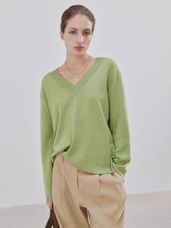 Mango V-Neck Long Sleeve Jumper, Green, Green