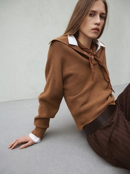 Mango Open Collar Knitted Jumper, Tobacco - view 2, Tobacco