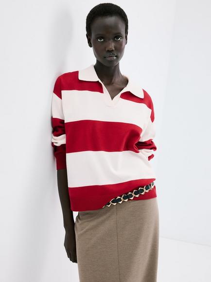 Mango Stripe Relaxed Fit Polo Jumper, Red, Red