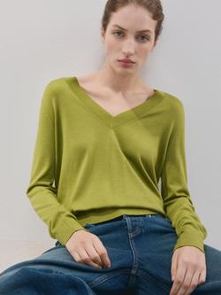 Mango V-Neck Fine Knit Jumper, Green