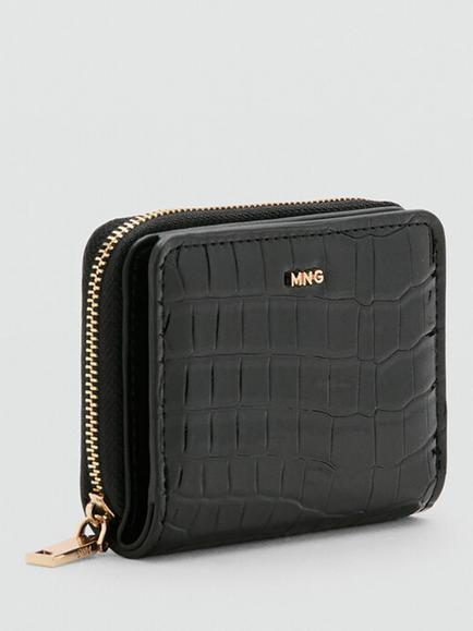 Mango Compact Croc Embossed Purse, Black, Black