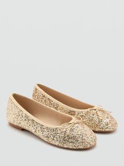 Mango Kids' Glitter Bow Ballet Shoes, Gold - view 2, Gold