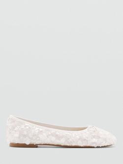 Mango Kids' Embellished Bow Flat Ballet Shoes, White, White