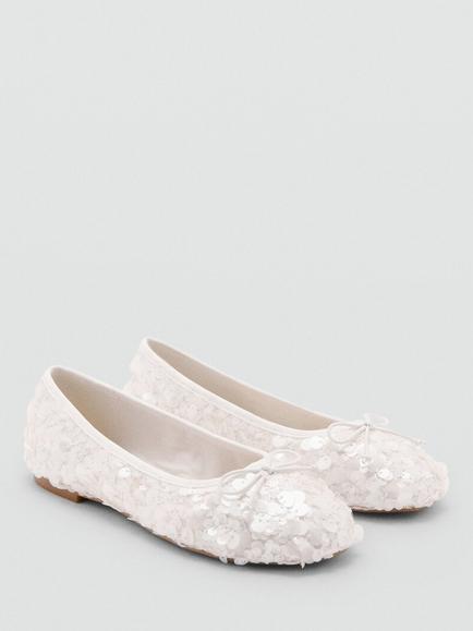 Mango Kids' Embellished Bow Flat Ballet Shoes, White - view 2, White