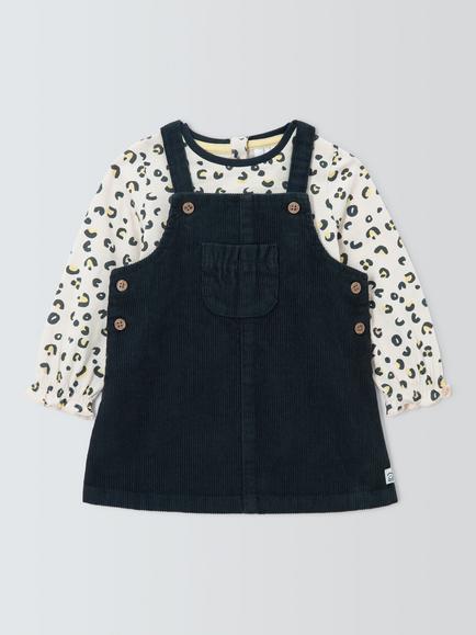 John Lewis Baby Leopard Cordurory Pinafore Dress & Top Set, Leopard/Grey, Leopard/Grey