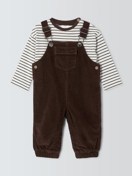 John Lewis Baby Corduroy Dungarees & Striped Top Set, Rust, Rust