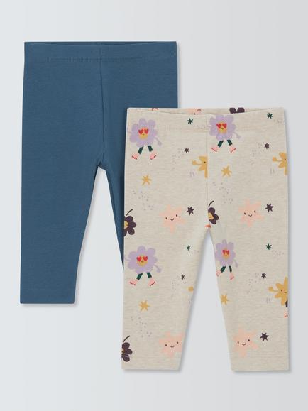 John Lewis Baby Print & Rib Leggings, Pack of 2, Multi/Green, Multi/Green