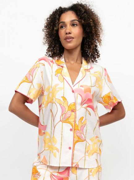 Cyberjammies Amelia Floral Stripe Pyjama Shirt, Coral Pink/Multi, Coral Pink/Multi