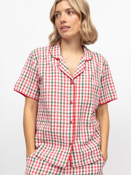 Cyberjammies Tara Gingham Seersucker Pyjama Shirt, Red/White/Green, Red/White/Green