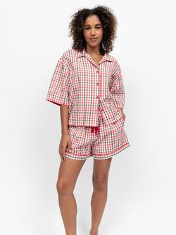 Cyberjammies Tara Gingham Seersucker Button Down Short Pyjama Set, Red/White/Green, Red/White/Green
