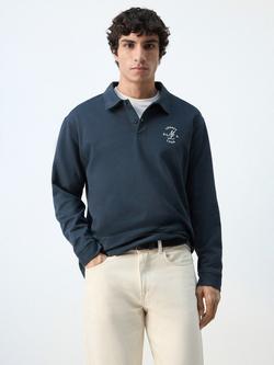 Mango Cotton Regular Fit Long Sleeve Polo Shirt, Navy, Navy
