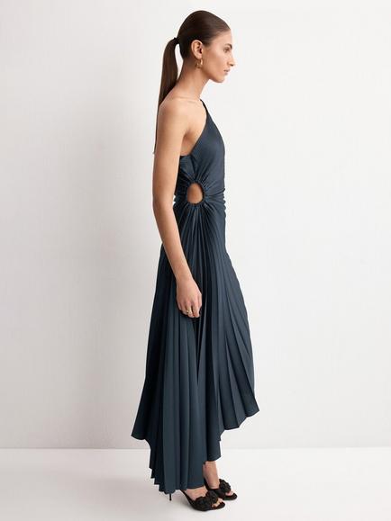 Mango Asymmetric One-Shoulder Pleated Dress, Blue, Blue