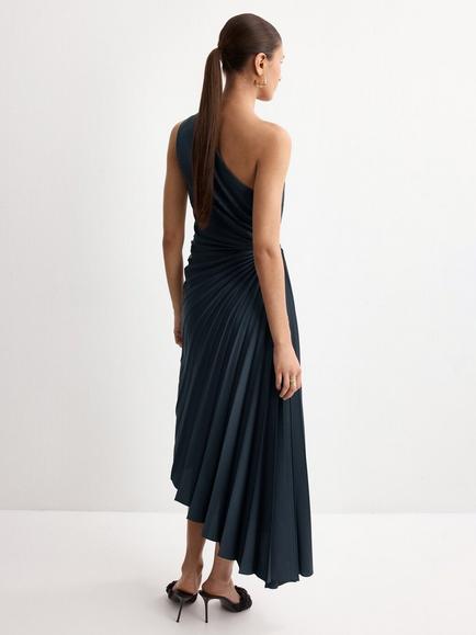 Mango Asymmetric One-Shoulder Pleated Dress, Blue - view 2, Blue