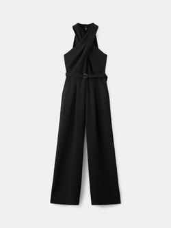 Mango Crossed Halter Neck Belt Wrap Jumpsuit, Black, Black
