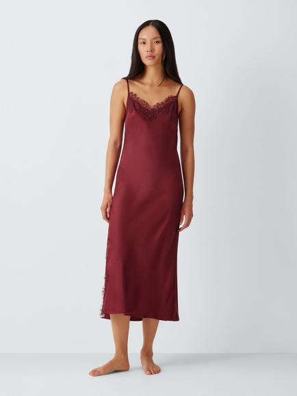John Lewis Lace Trim Silk Midi Chemise, Zinfandel, Zinfandel