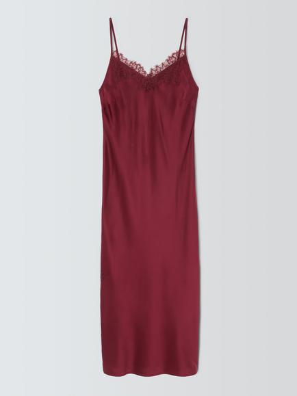 John Lewis Lace Trim Silk Midi Chemise, Zinfandel, Zinfandel