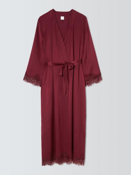 John Lewis Lace Trim Silk Maxi Robe, Zinfandel, Zinfandel