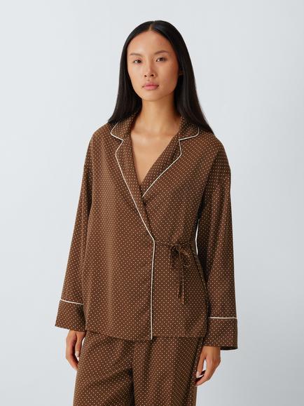 John Lewis Spot Wrap Long Satin Pyjama Set, Chocolate, Chocolate