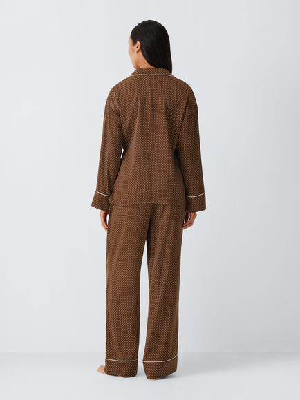 John Lewis Spot Wrap Long Satin Pyjama Set, Chocolate - view 2, Chocolate