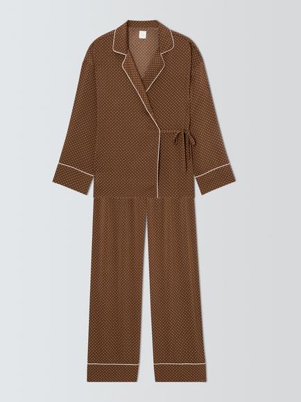 John Lewis Spot Wrap Long Satin Pyjama Set, Chocolate, Chocolate