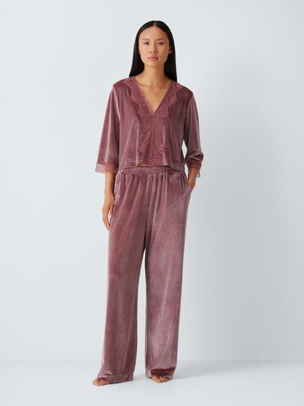John Lewis Lace Trim Long Velvet Pyjama Set, Pink, Pink