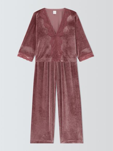 John Lewis Lace Trim Long Velvet Pyjama Set, Pink, Pink