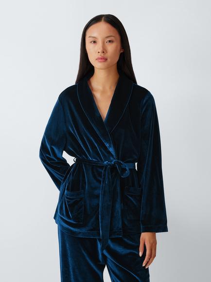 John Lewis Wrap Long Velvet Pyjama Set, Navy, Navy