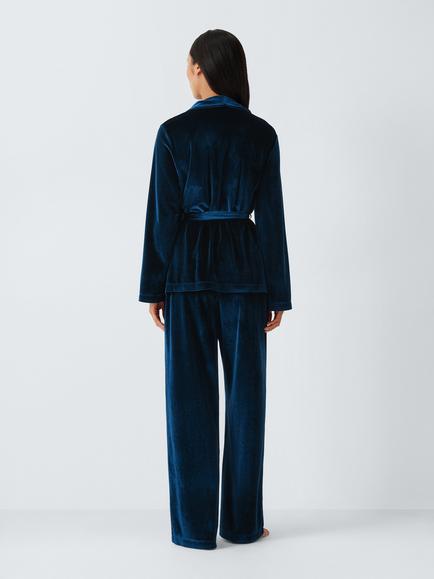 John Lewis Wrap Long Velvet Pyjama Set, Navy - view 2, Navy