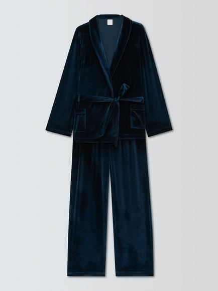 John Lewis Wrap Long Velvet Pyjama Set, Navy, Navy