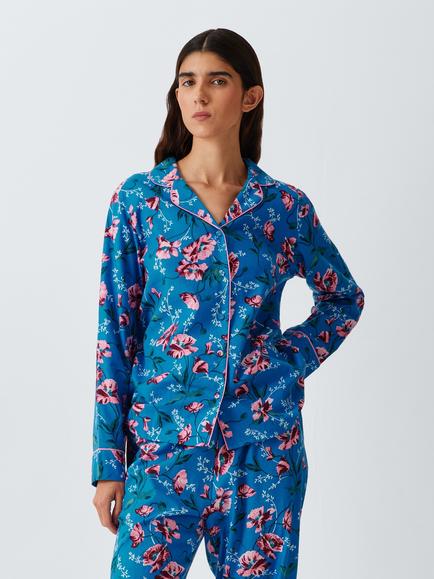 John Lewis Poppy Cotton Button Through Long Pyjama Set, Blue, Blue