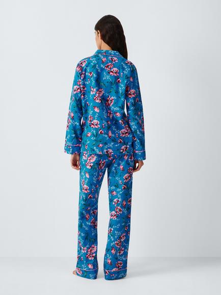 John Lewis Poppy Cotton Button Through Long Pyjama Set, Blue - view 2, Blue