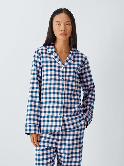 John Lewis Gingham Check Button Through Long Pyjama Set, Blue/Teal, Blue/Teal
