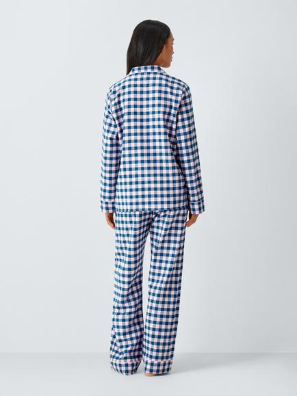John Lewis Gingham Check Button Through Long Pyjama Set, Blue/Teal - view 2, Blue/Teal