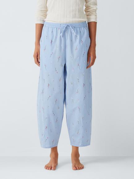 John Lewis Cotton Floral Barrel Leg Pyjama Trousers, Blue, Blue
