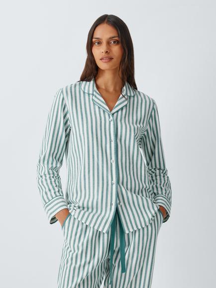 John Lewis Luna Cotton Stripe Pyjama Top, Emerald, Emerald