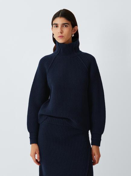 John Lewis Wool Rich Rib Knit Raglan Seam Turtleneck Jumper, Navy, Navy