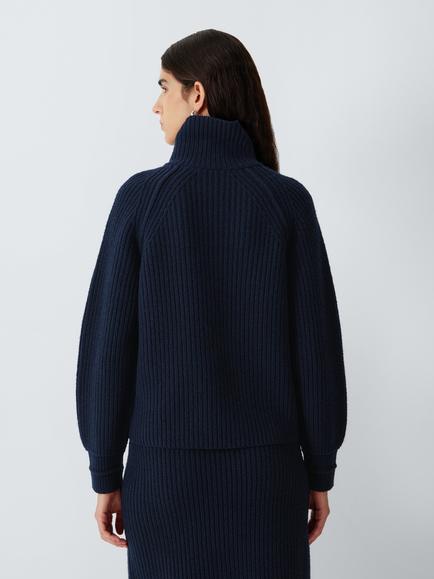 John Lewis Wool Rich Rib Knit Raglan Seam Turtleneck Jumper, Navy - view 2, Navy