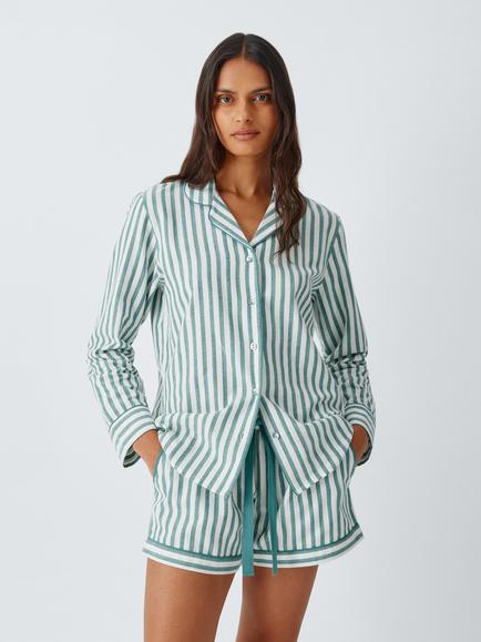John Lewis Luna Cotton Stripe Pyjama Shorts, Emerald, Emerald