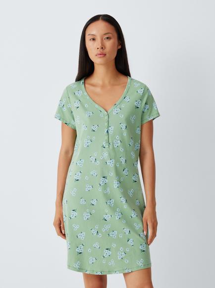 John Lewis Cotton Nightdress, Green Floral, Green Floral